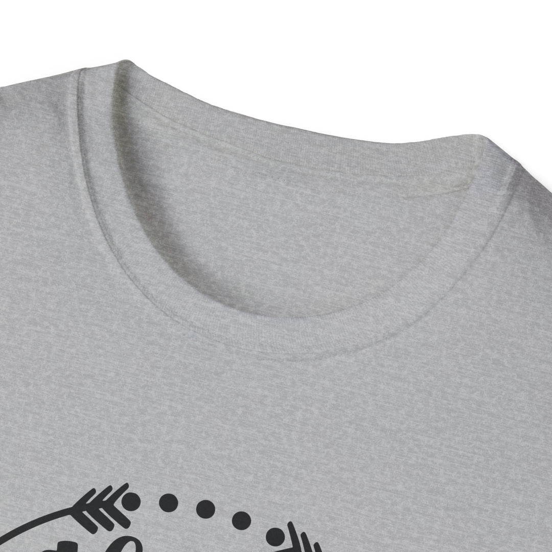Close-up of a light heather gray crewneck t-shirt showing the inner collar and the top of a black graphic print on the chest.