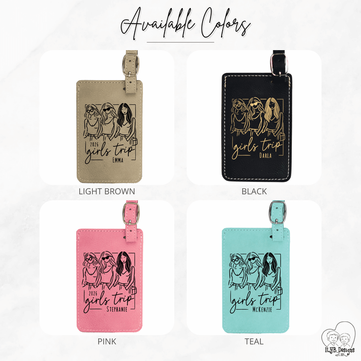 Four luggage tags with 'girls trip' design in different colors on a white background.