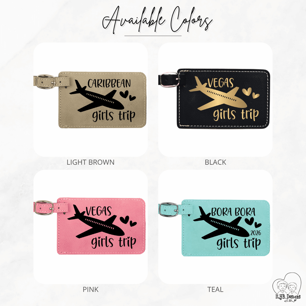 Four travel-themed luggage tags in different colors with text and airplane graphics.