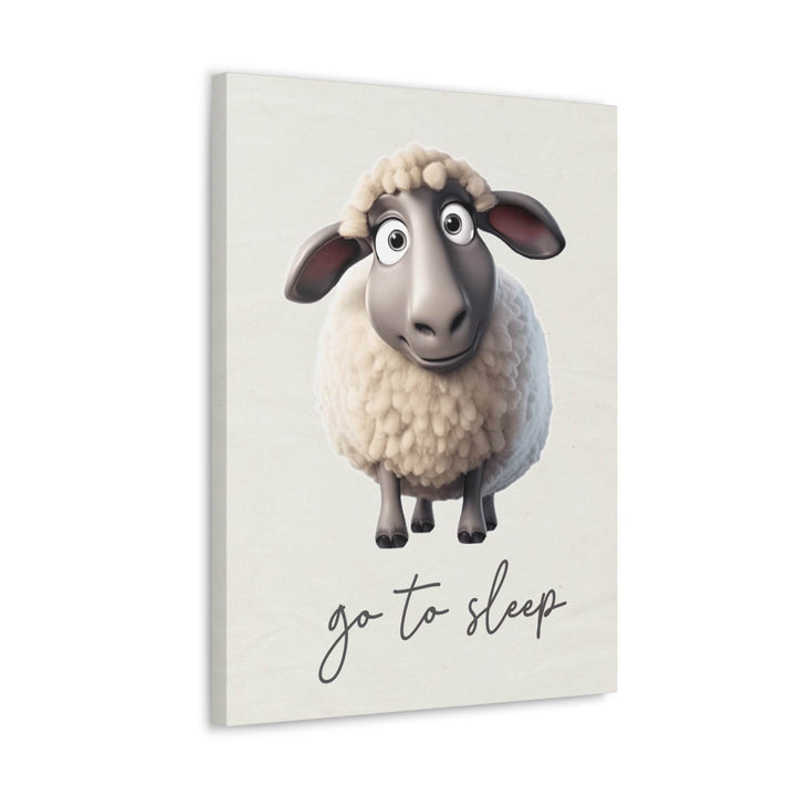 Canvas print for neutral nursery wall art with a cartoon sheep and 'go to sleep' text on a light background