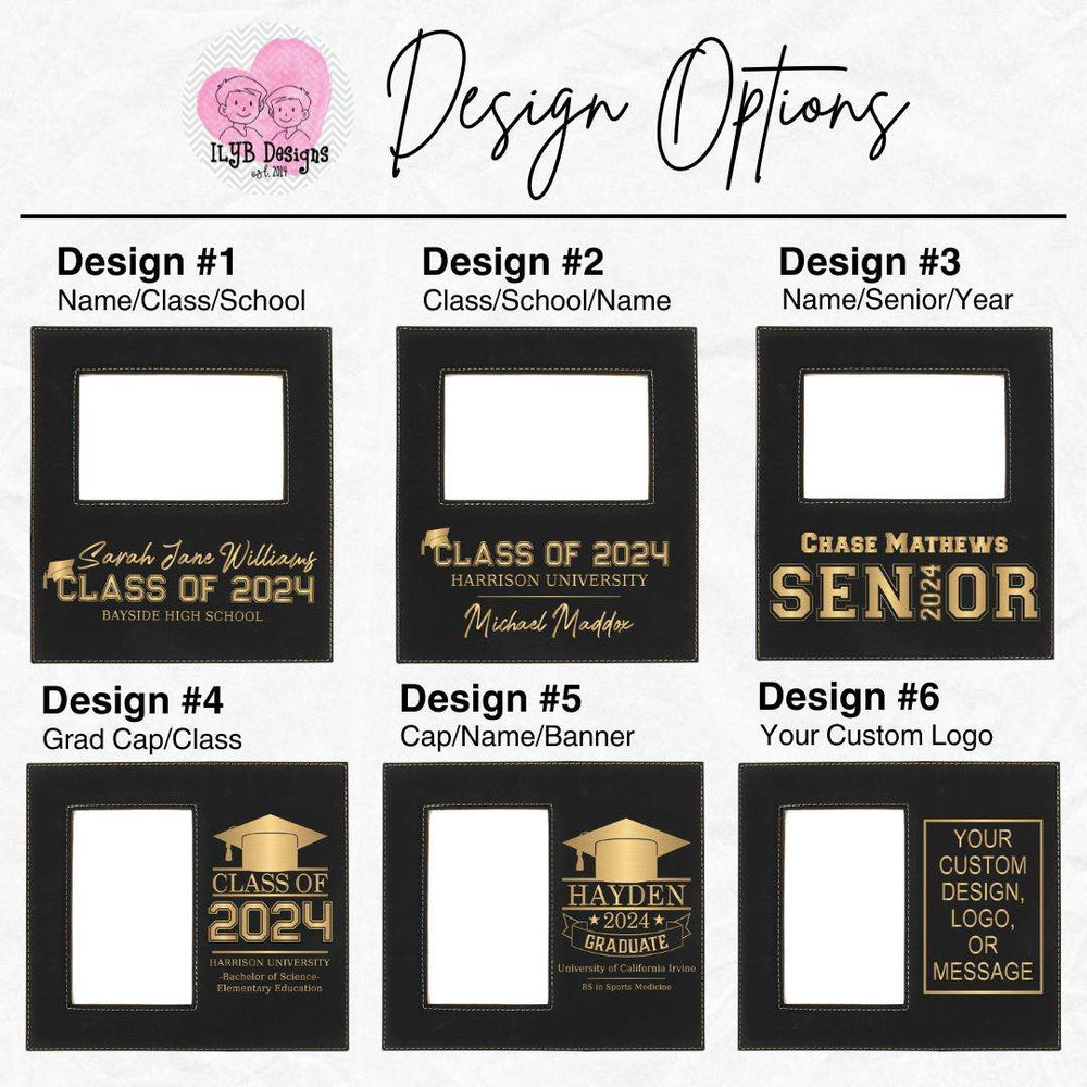 Graphic: 6 design options for laser engraved personalized graduation frames with text and graphics.