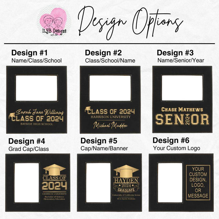 Graphic: 6 design options for laser engraved personalized graduation frames with text and graphics.
