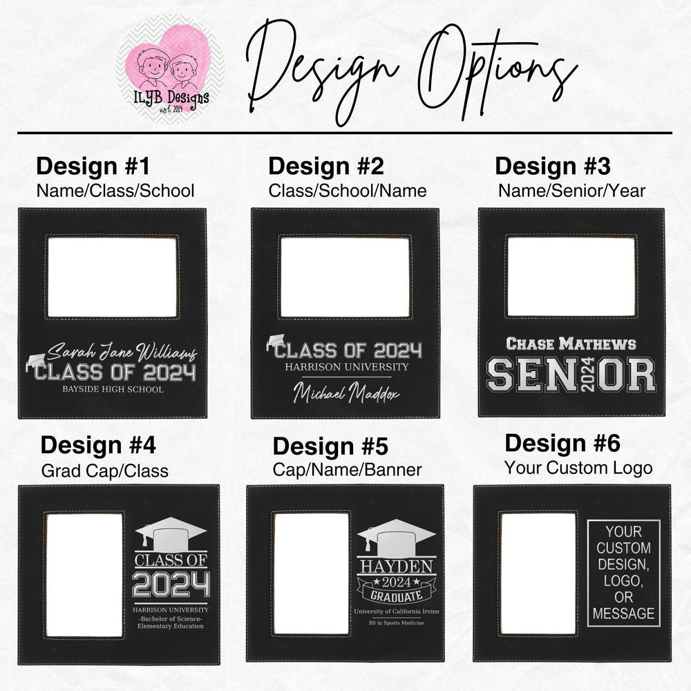 Graphic: black leatherette graduation frames with metallic silver engraving design choices 1-6