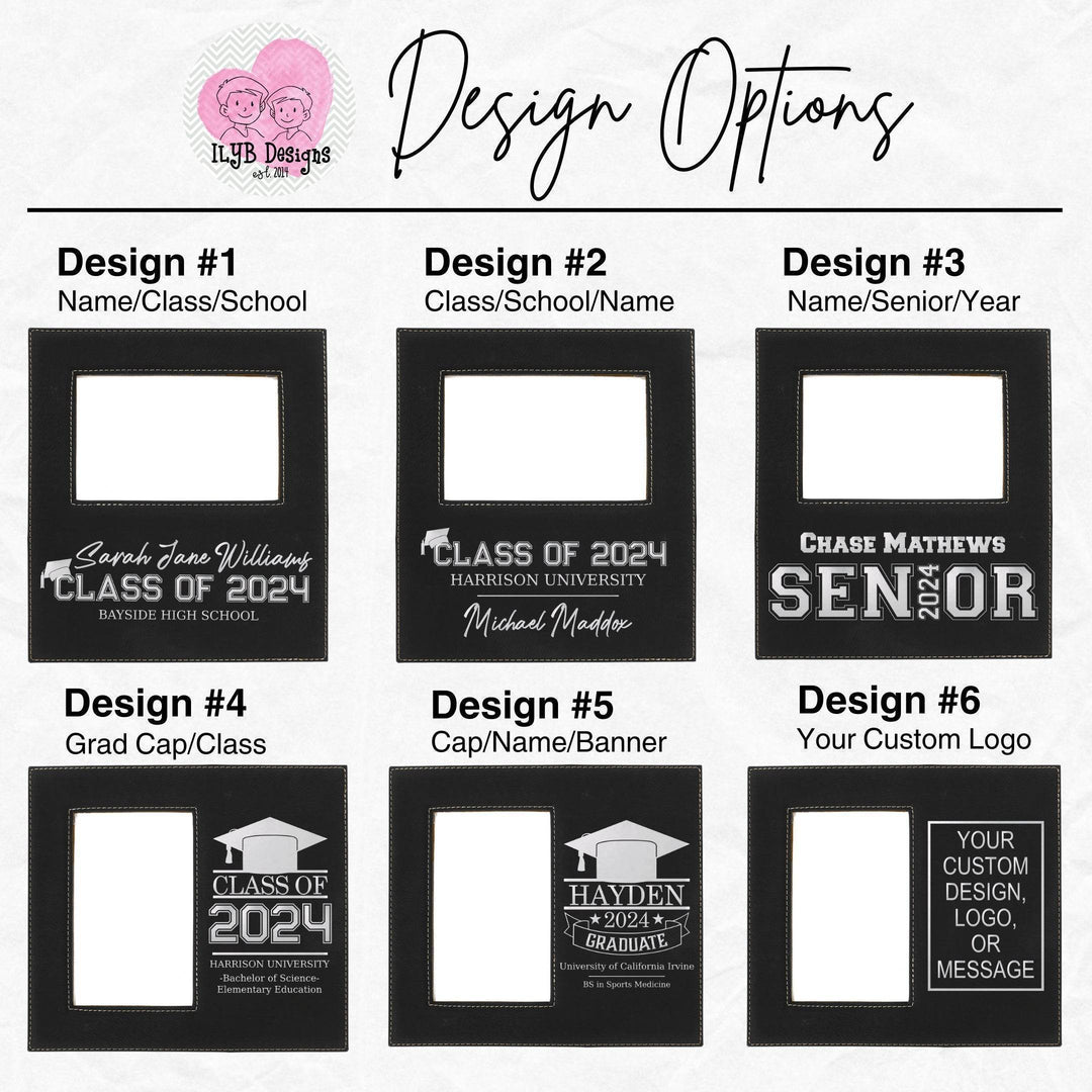 Graphic: black leatherette graduation frames with metallic silver engraving design choices 1-6