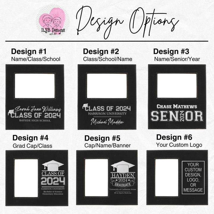 Graphic: black leatherette graduation frames with metallic silver engraving design choices 1-6