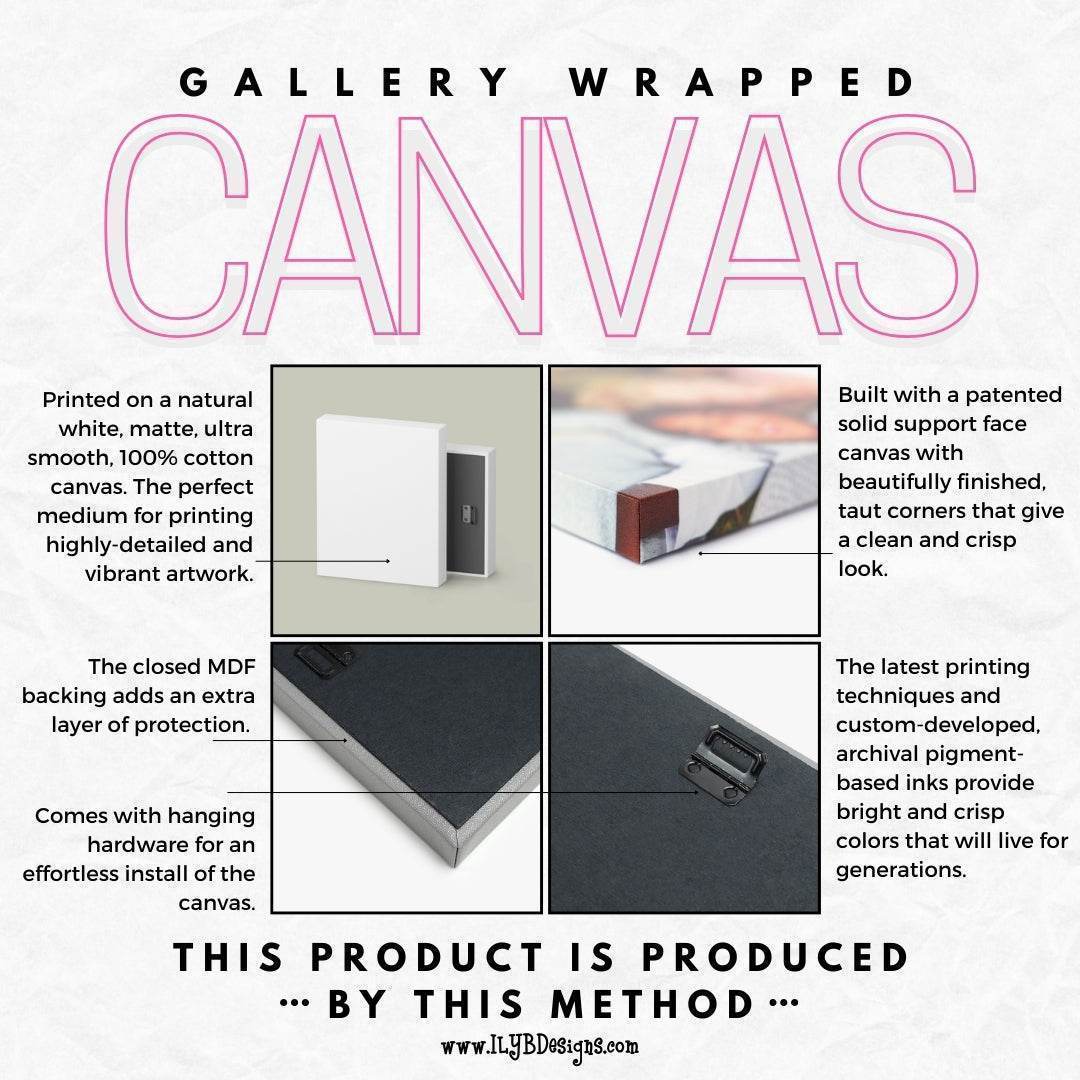 Graphic: Gallery wrapped canvas printed on natural white matte cotton canvas. Closed MDF backing adds extra layer of protection. Taut corners for crisp clean look. Archival pigment-based inks. Comes with hanging hardware.