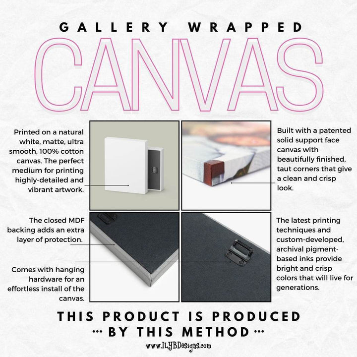 Graphic: Gallery wrapped canvas printed on natural white matte cotton canvas. Closed MDF backing adds extra layer of protection. Taut corners for crisp clean look. Archival pigment-based inks. Comes with hanging hardware.