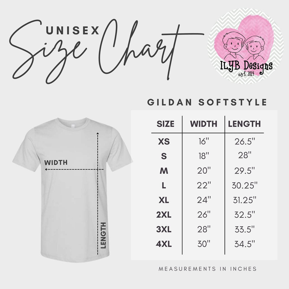 Unisex size chart for Gildan SoftStyle shirts with measurements in inches.