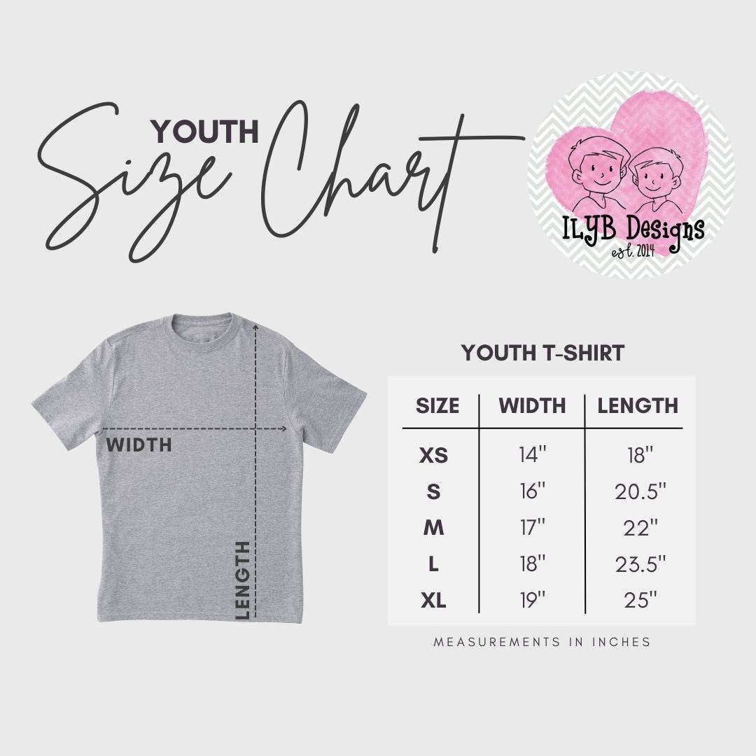 Youth T-shirt size chart with measurements and ILYB Designs logo.
