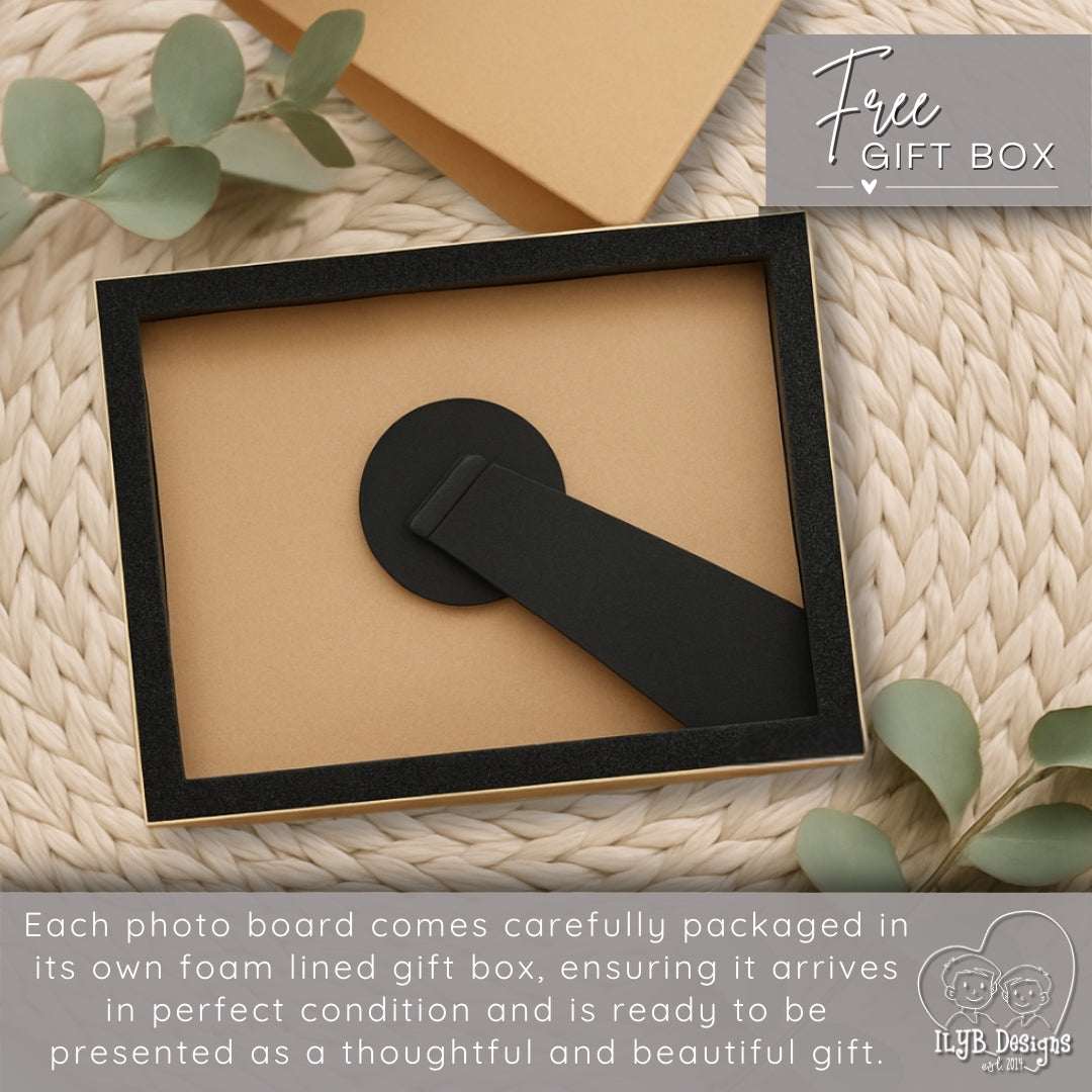 Black photo frame on a textured surface with text about packaging and a free gift box offer.
