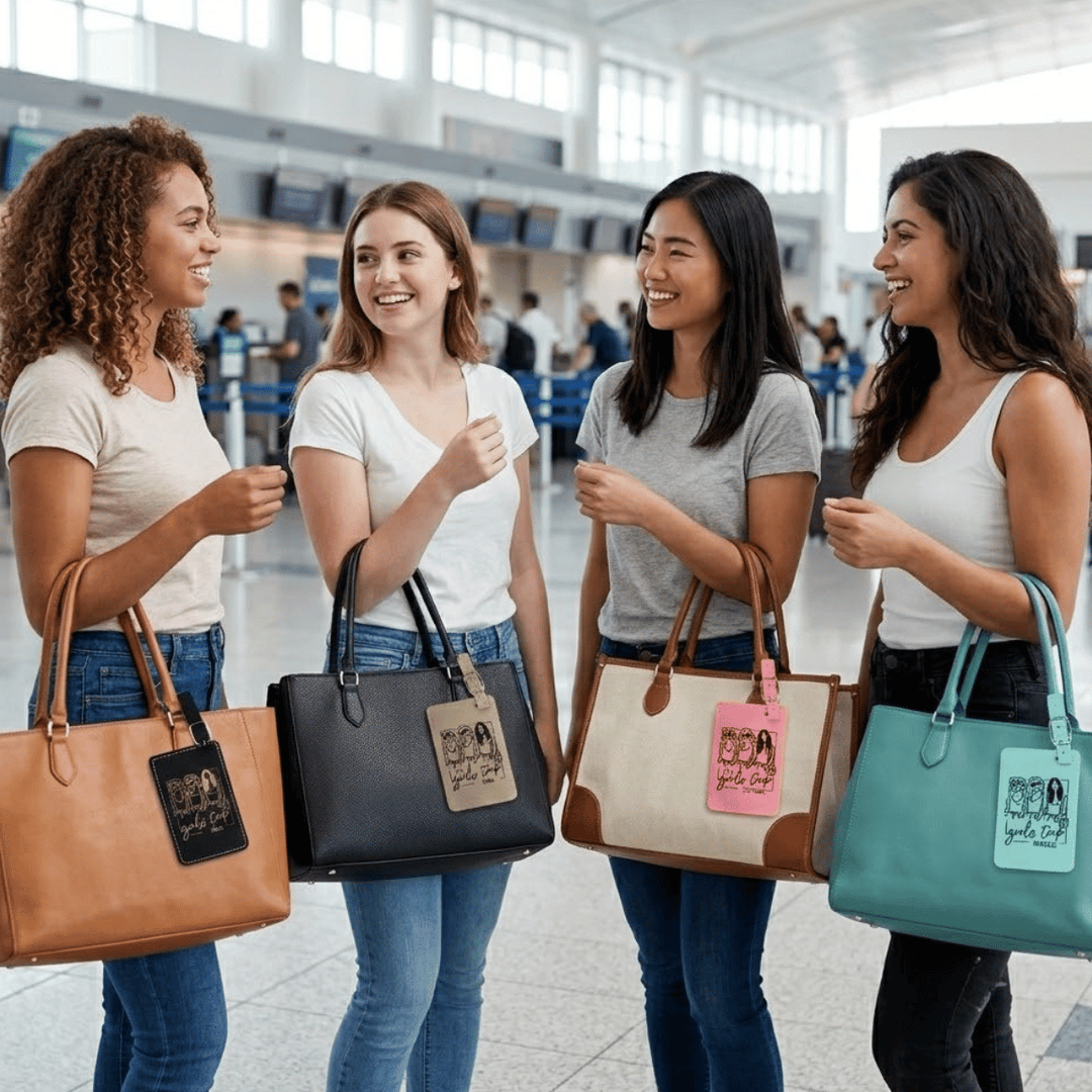 Four women standing together in an airport, each holding a handbag with visible girls trip luggage tags.