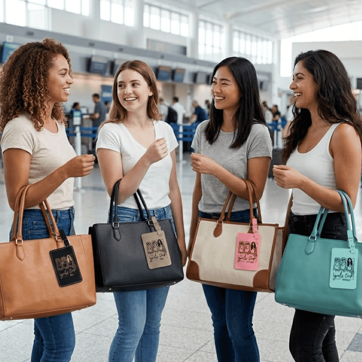 Four women standing together in an airport, each holding a handbag with visible girls trip luggage tags.