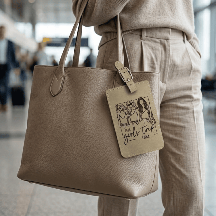 Beige handbag with a 'Girls Trip' tag held by a person in an airport.