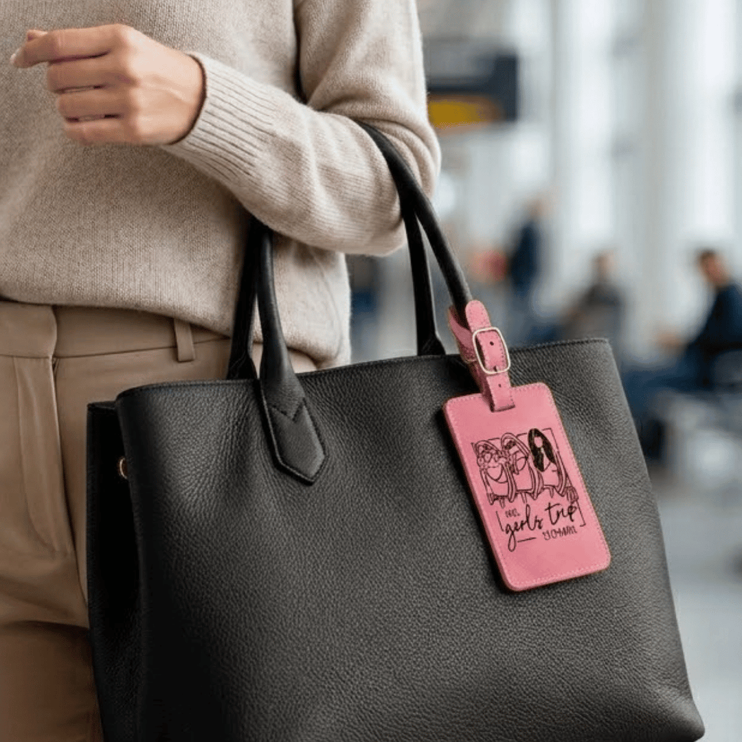 Black handbag with a pink luggage tag held by a person in an indoor setting.