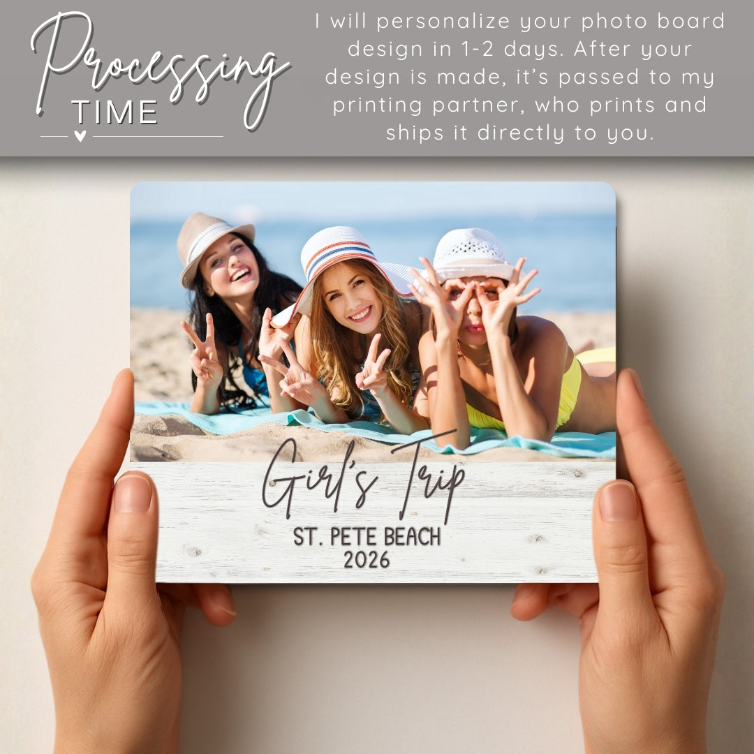 Personalized photo board with a beach-themed design showing three people making peace signs, held by hands against a light background.