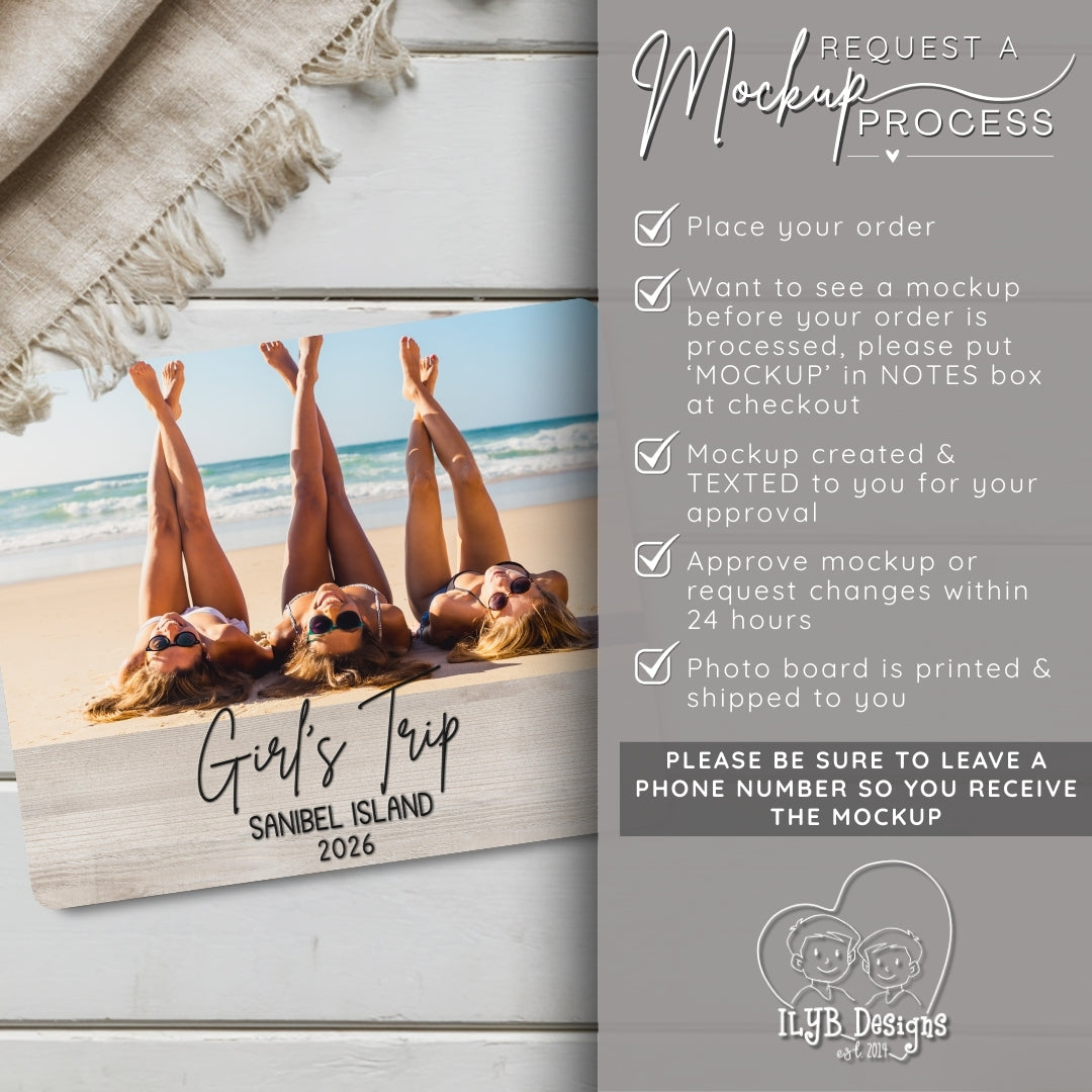 Wooden photo board with 'Girl's Trip' text and three women's legs on a beach, with a mockup process explanation on the right.