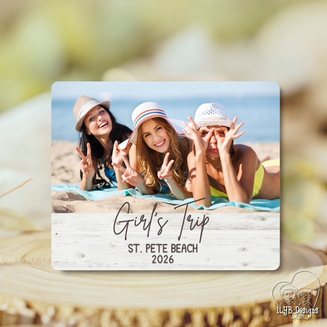 Photo plaque with three women on a beach, labeled 'Girl's Trip St. Pete Beach 2026'.