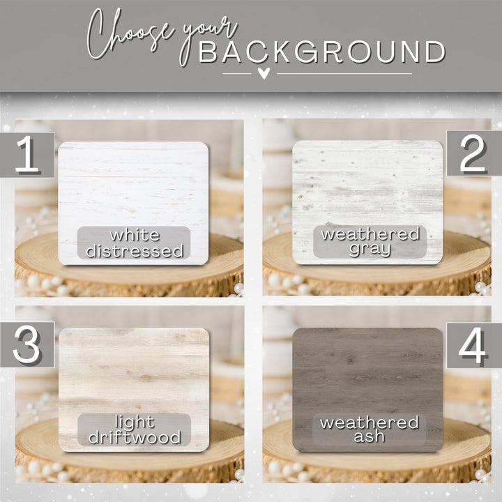 Four color swatches labeled 'white distressed', 'weathered gray', 'light driftwood', and 'weathered ash' on wooden discs.