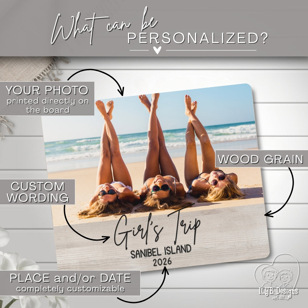 Personalized photo board with customizable text on a wooden surface