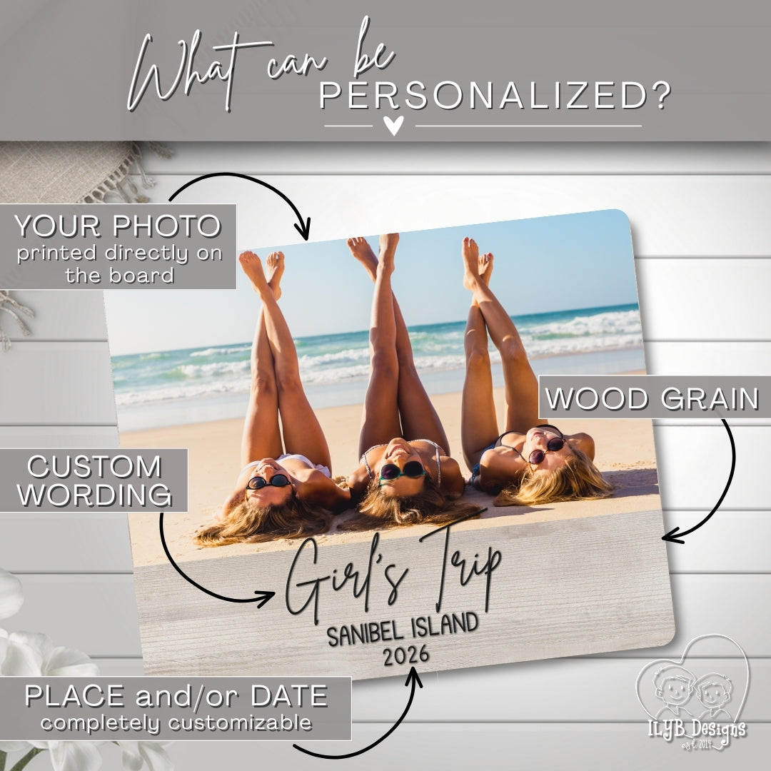 Personalized photo board with customizable text on a wooden surface