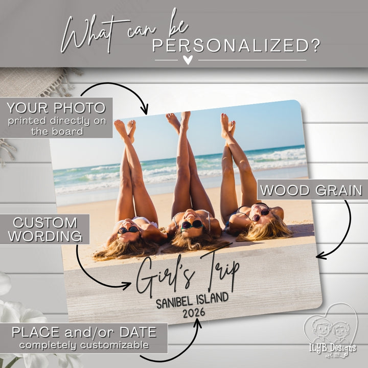 Personalized photo board with customizable text on a wooden surface