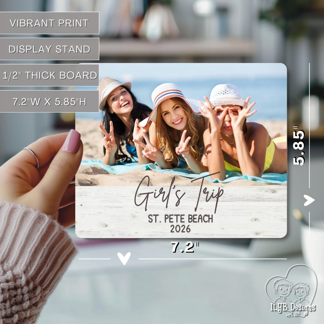 Photo plaque with three women on a beach, labeled 'Girl's Trip St. Pete Beach 2026'.
