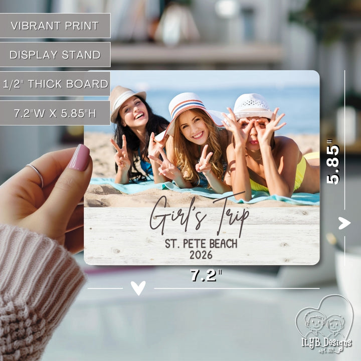 Photo plaque with three women on a beach, labeled 'Girl's Trip St. Pete Beach 2026'.