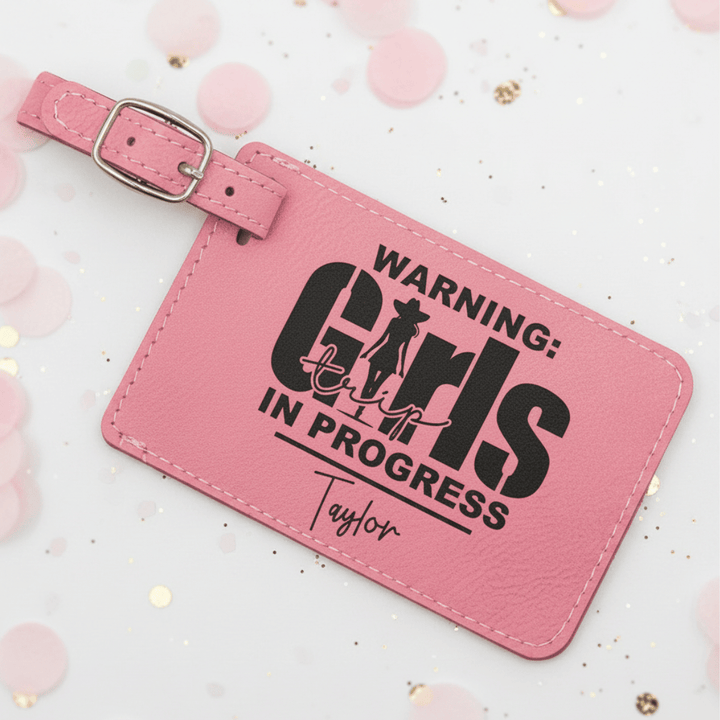 Personalized Girls Trip In Progress Cowgirl Luggage Tag | Funny Laser Engraved Leatherette Name Tag