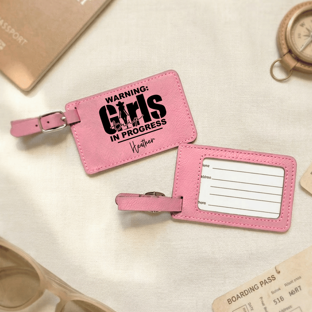 Personalized Girls Trip In Progress Cowgirl Luggage Tag | Funny Laser Engraved Leatherette Name Tag