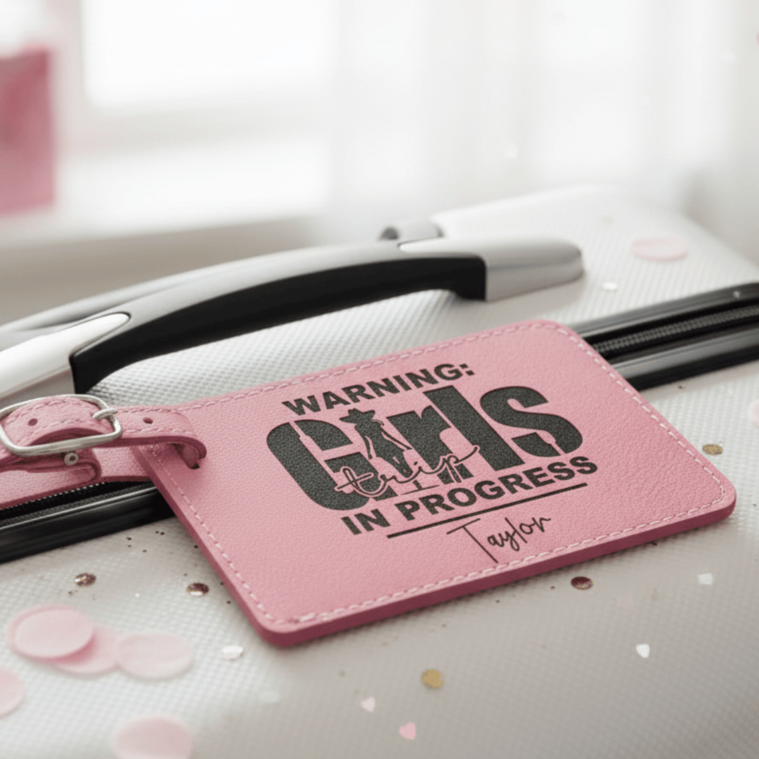 Personalized Girls Trip In Progress Cowgirl Luggage Tag | Funny Laser Engraved Leatherette Name Tag