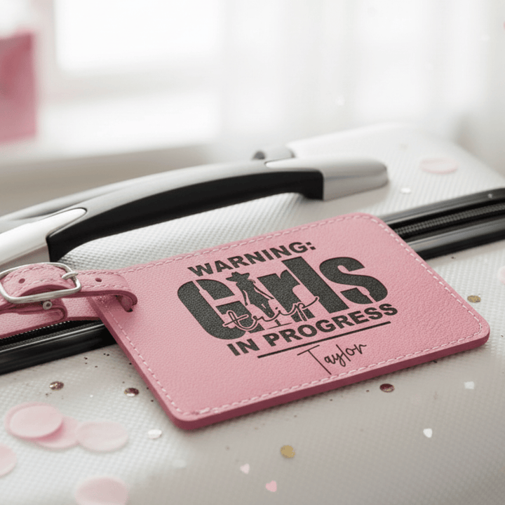Personalized Girls Trip In Progress Cowgirl Luggage Tag | Funny Laser Engraved Leatherette Name Tag