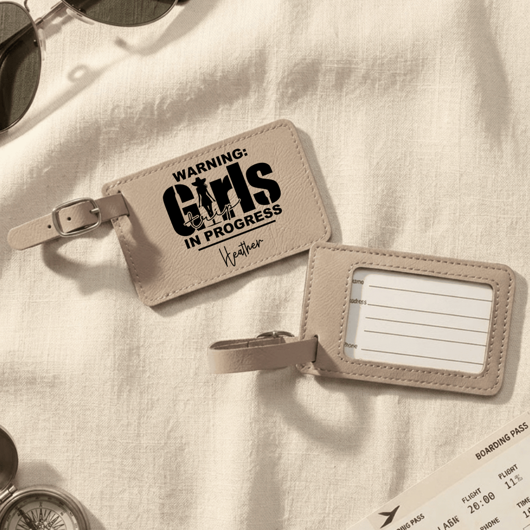 Personalized Girls Trip In Progress Cowgirl Luggage Tag | Funny Laser Engraved Leatherette Name Tag