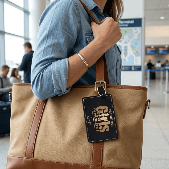 Personalized Girls Trip In Progress Cowgirl Luggage Tag | Funny Laser Engraved Leatherette Name Tag