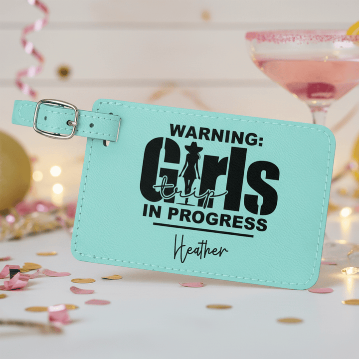 Personalized Girls Trip In Progress Cowgirl Luggage Tag | Funny Laser Engraved Leatherette Name Tag