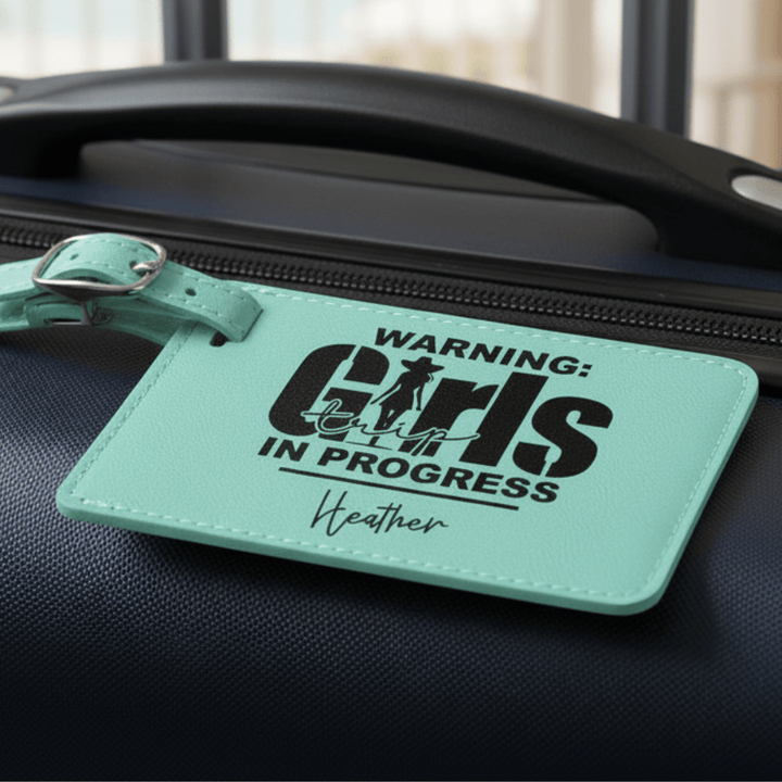 Personalized Girls Trip In Progress Cowgirl Luggage Tag | Funny Laser Engraved Leatherette Name Tag