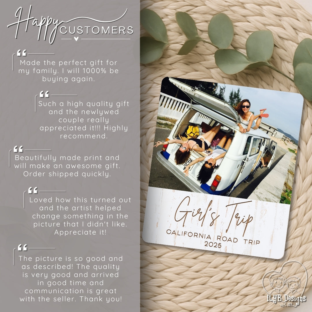 Product packaging with 'Girls' Trip' text and images of people in a car, surrounded by positive customer reviews.
