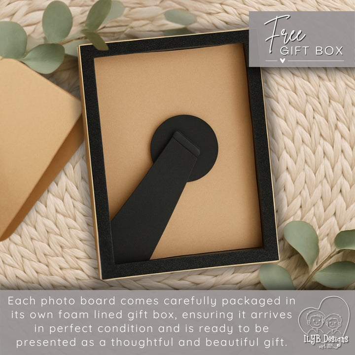 Photo board in a brown gift box with text about packaging on a textured surface.