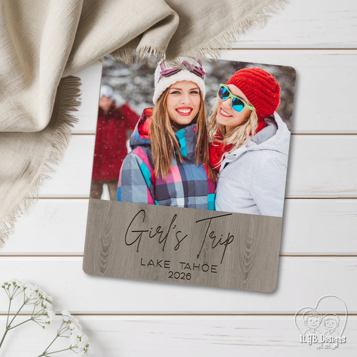 Personalized photo plaque with a winter scene and 'Girl's Trip Lake Tahoe 2026' text.