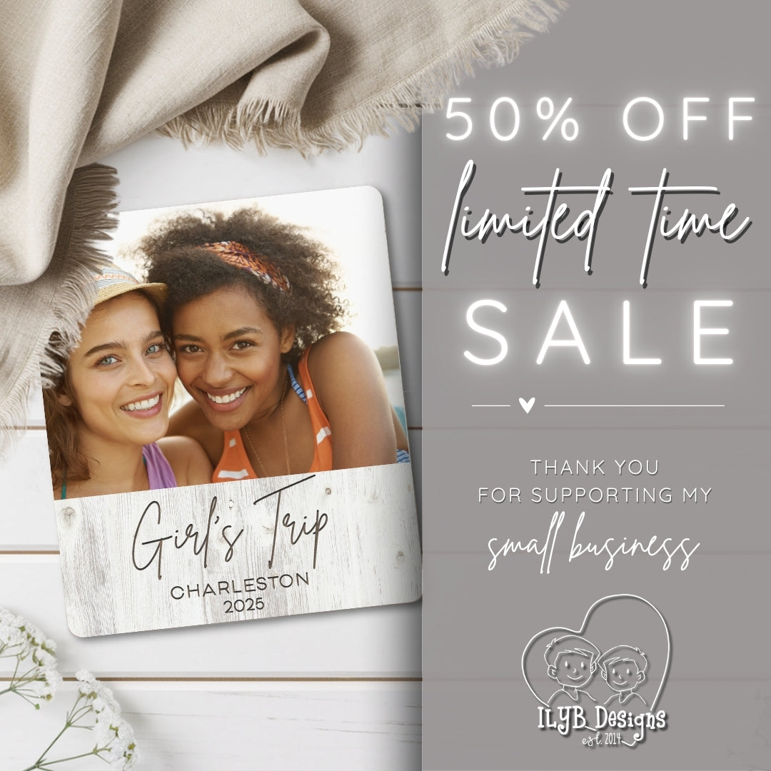 Promotional graphic with two women, a sale offer, and a small business logo.
