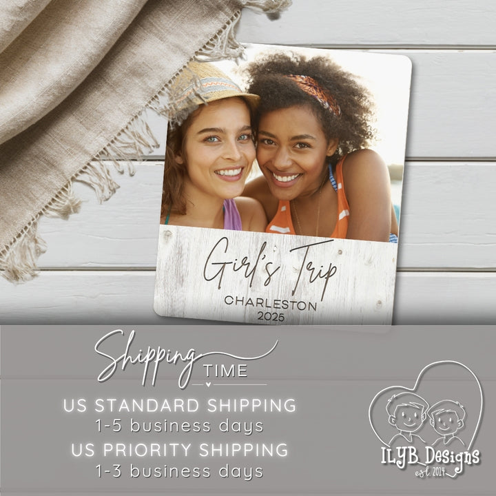 Photo board with two people and 'Girl's Trip' text on a wooden surface, featuring shipping information and a brand logo.