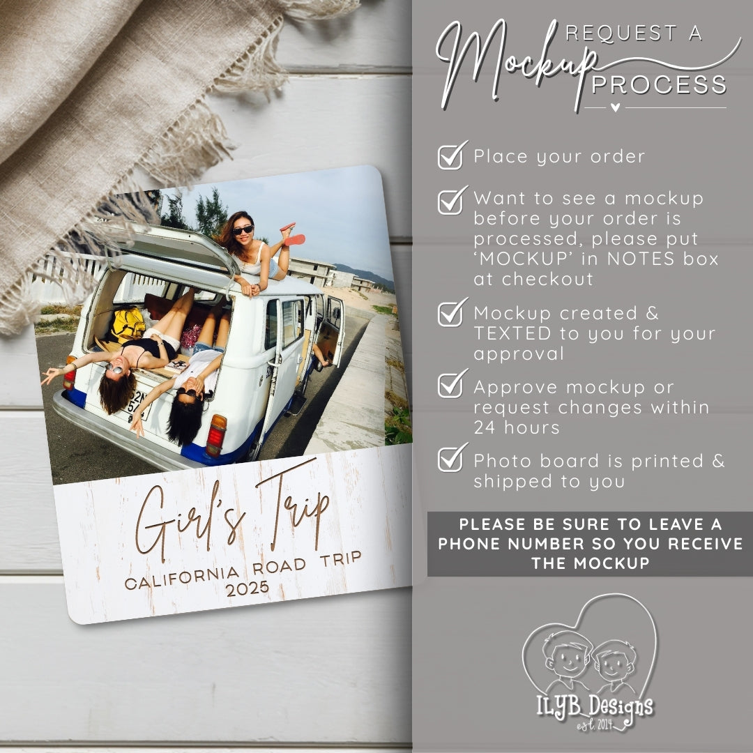 Promotional graphic for a 'Girl's Trip' photo board with text on a wooden surface.