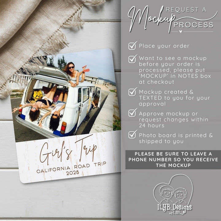 Promotional graphic for a 'Girl's Trip' photo board with text on a wooden surface.