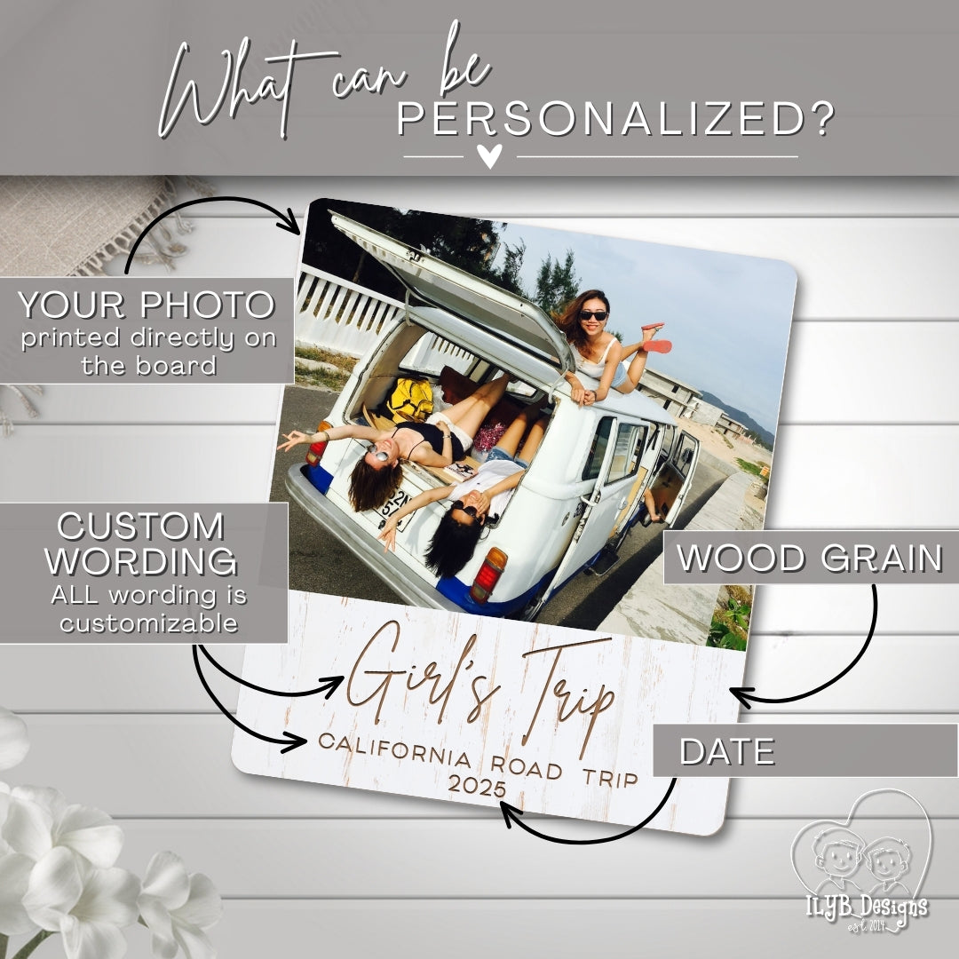 Personalized photo board with customizable text on a wooden surface