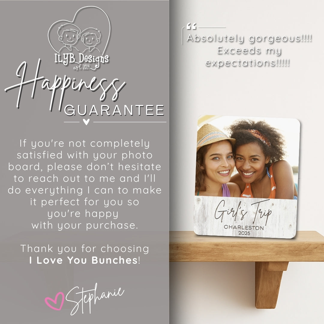 Photo board with 'Girl's Trip Charleston 2023' text, displayed on a wooden surface with promotional text about the brand's guarantee.