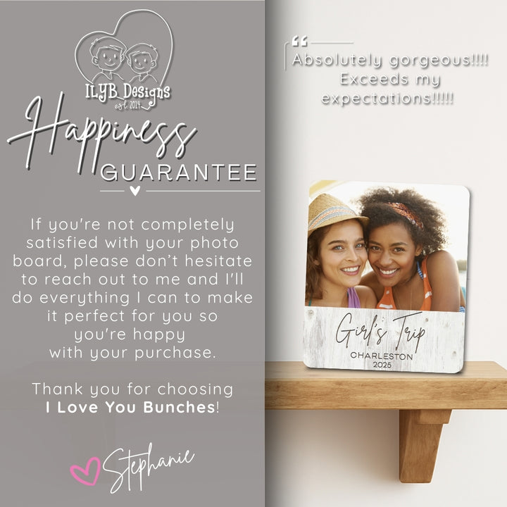 Photo board with 'Girl's Trip Charleston 2023' text, displayed on a wooden surface with promotional text about the brand's guarantee.