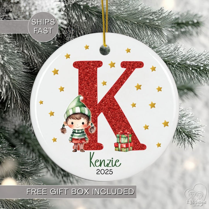 Personalized Red Glitter Elf Girl or Elf Boy Name Ornament | Initial & Name Kids Ornament