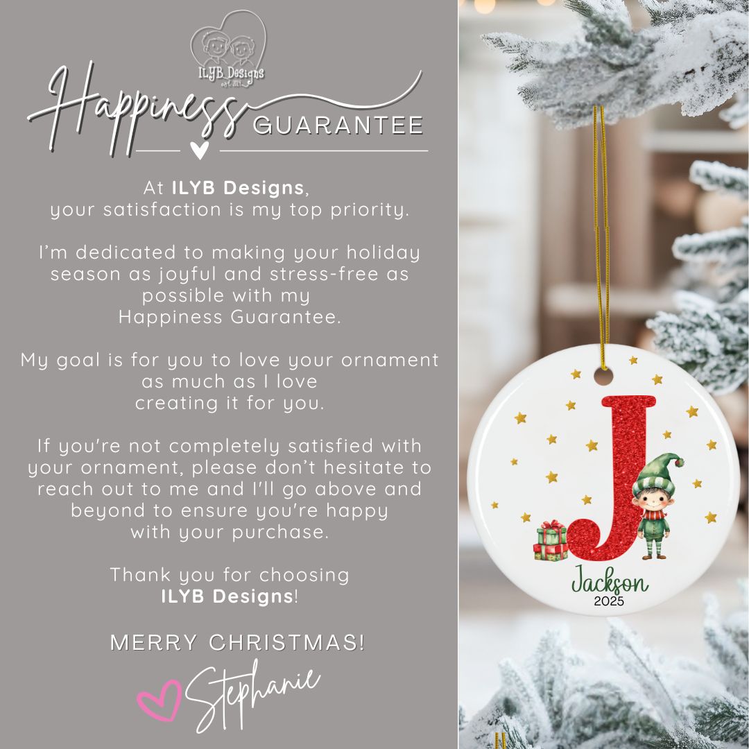Personalized Red Glitter Elf Girl or Elf Boy Name Ornament | Initial & Name Kids Ornament