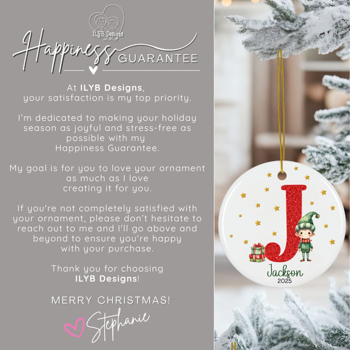 Personalized Red Glitter Elf Girl or Elf Boy Name Ornament | Initial & Name Kids Ornament