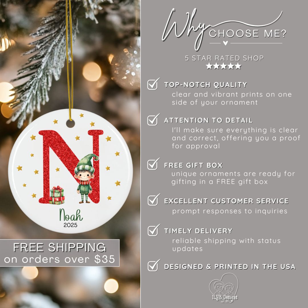 Personalized Red Glitter Elf Girl or Elf Boy Name Ornament | Initial & Name Kids Ornament