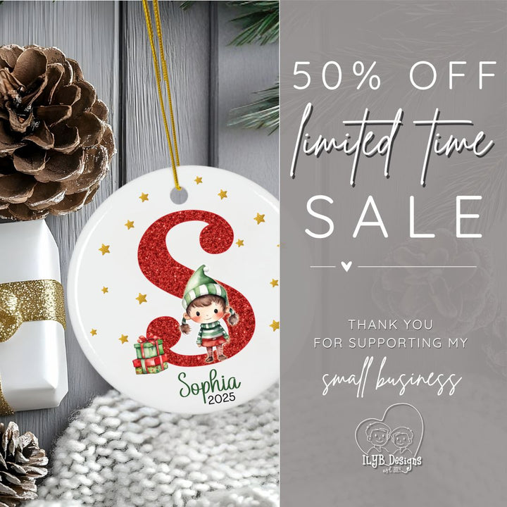 Personalized Red Glitter Elf Girl or Elf Boy Name Ornament | Initial & Name Kids Ornament